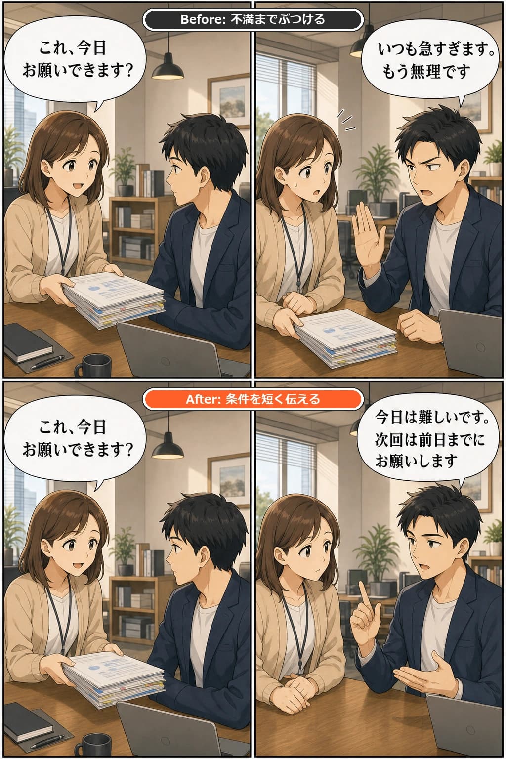 職場で直前の依頼を繰り返し頼まれた時のBefore/After漫画