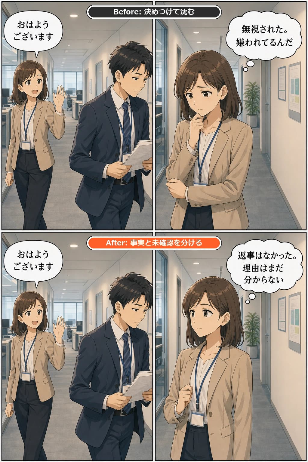 職場で挨拶をしたのに相手から返事がなかった時のBefore/After漫画