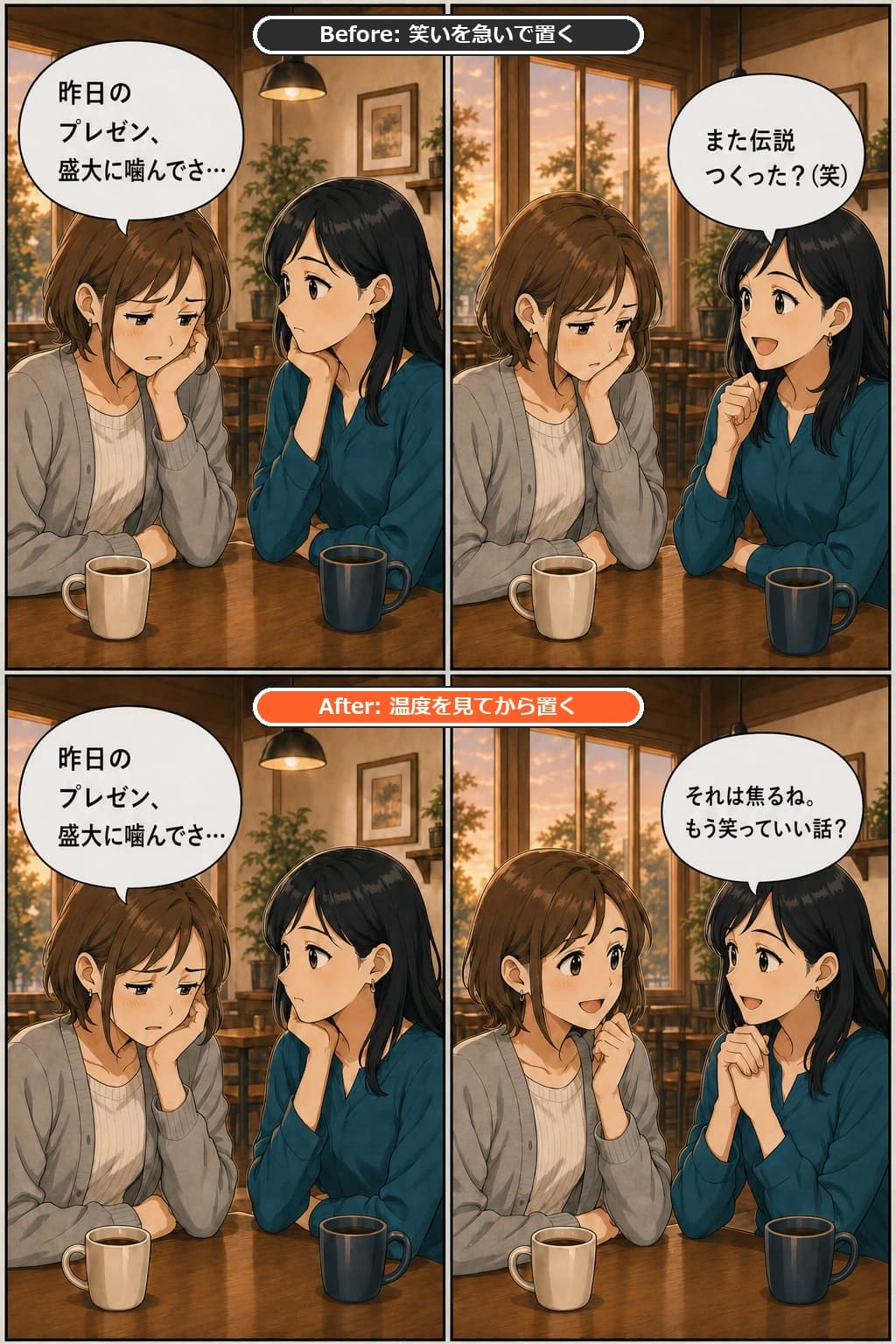 夕方の喫茶店で、友人が昨日のプレゼン失敗を話し始めた時のBefore/After漫画