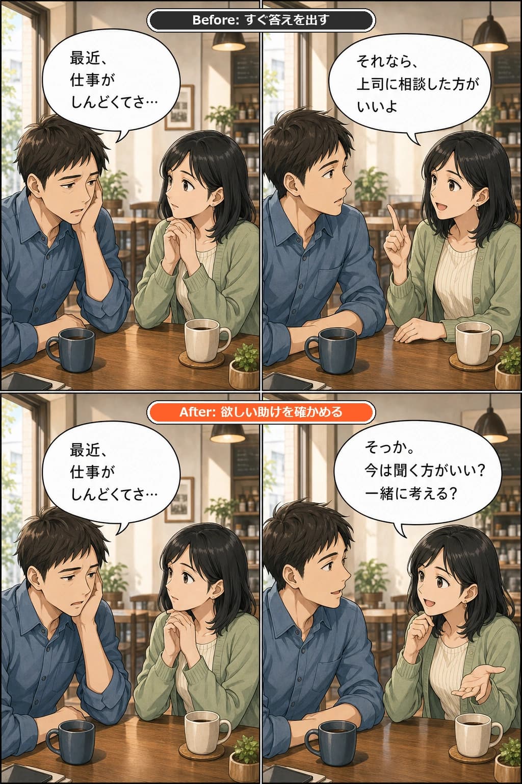 カフェで友人が仕事のしんどさを話し始めた時のBefore/After漫画