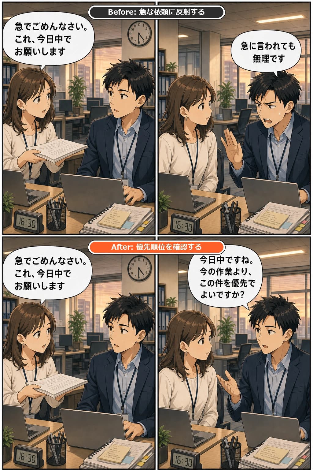 すでに作業を抱えた夕方に、急な依頼を受けた時のBefore/After漫画