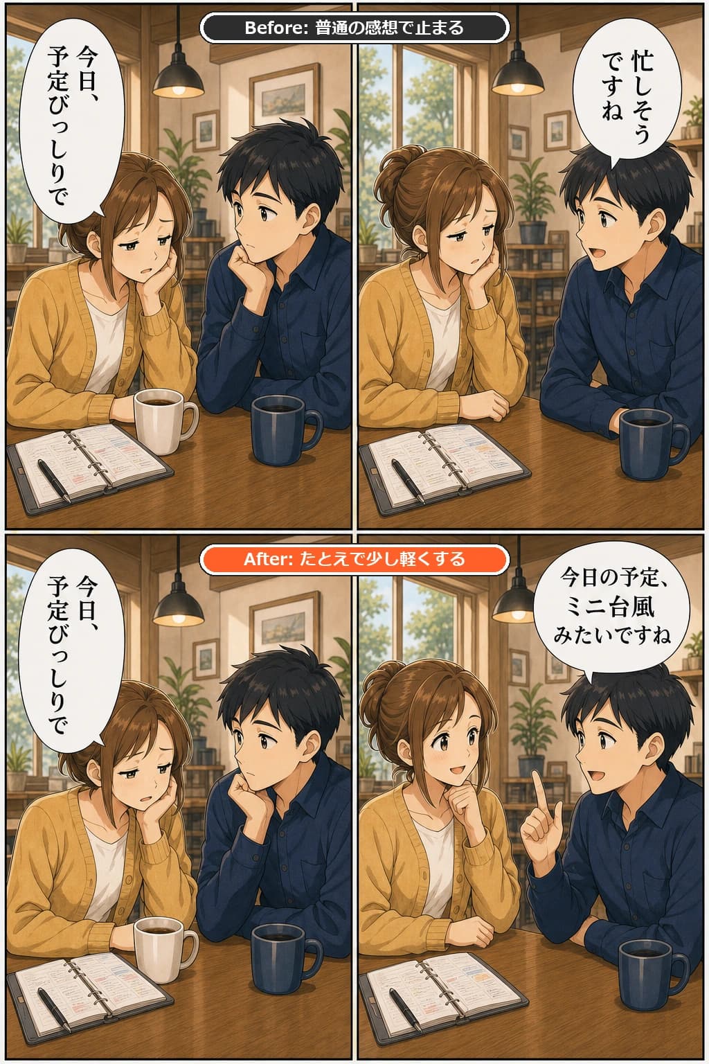 予定が詰まったカレンダーを見ている職場の会話のBefore/After漫画