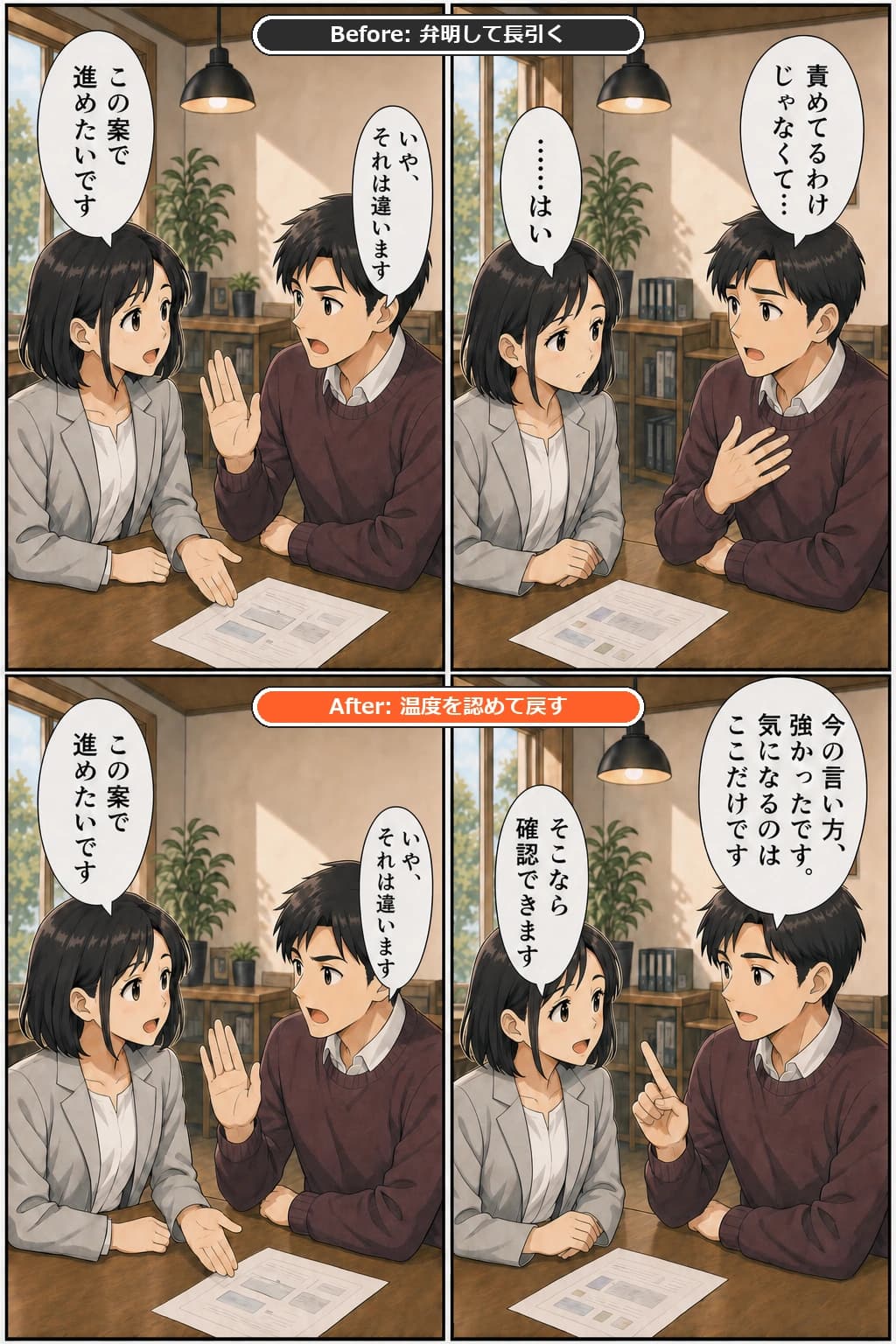 職場で同僚の案に強く返してしまった直後のBefore/After漫画