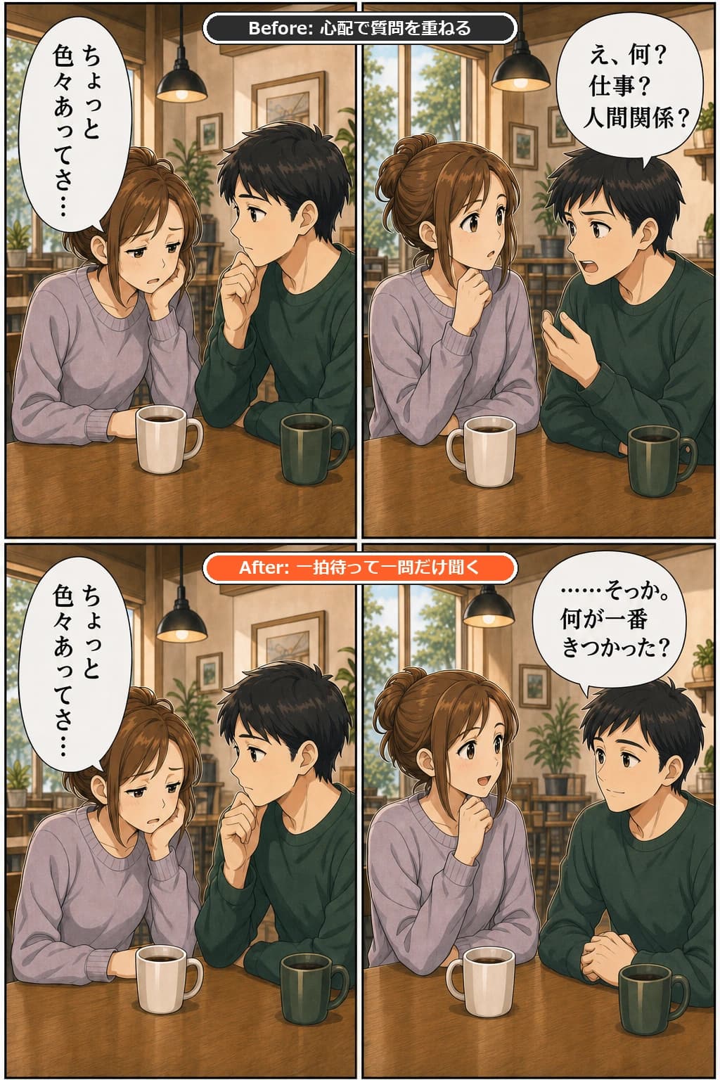 友人が悩みを話しながら、次の言葉を探しているのBefore/After漫画