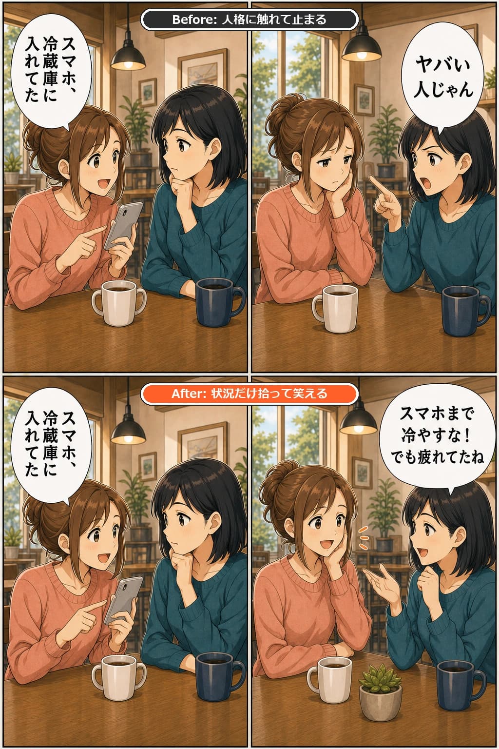 友人がスマホを冷蔵庫に入れた失敗を話しているのBefore/After漫画