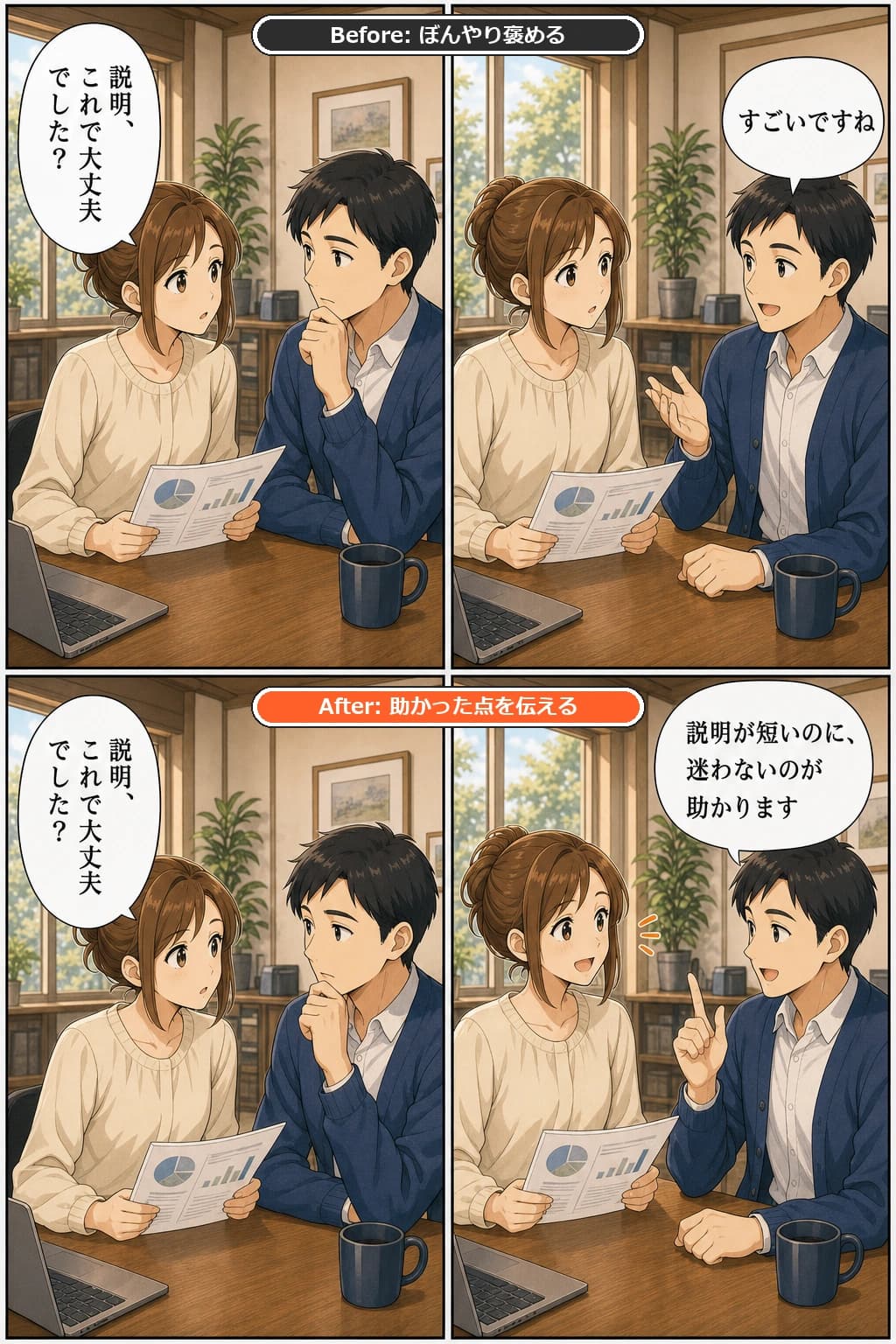 同僚の説明が分かりやすかった後の会話のBefore/After漫画