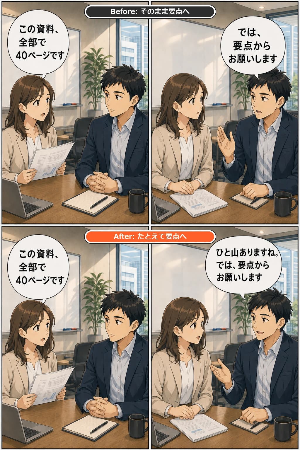 40ページの資料説明を始める直前の会議のBefore/After漫画