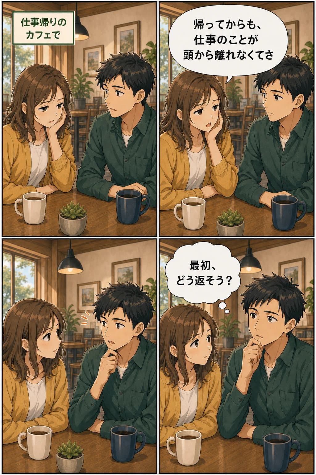 友人が仕事の重さを話し始め、聞き手が最初の返しを考える場面提示漫画